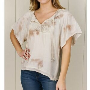 Hippie Laundry Boho Crop Blouse • Tie Dye Gauze • Crochet Neck • Size Small •NEW